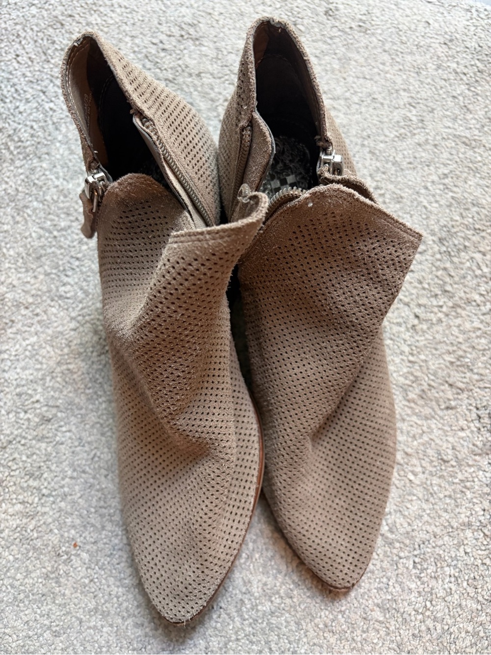 Vince Camuto Taupe Perforated Suede Ankle Booties